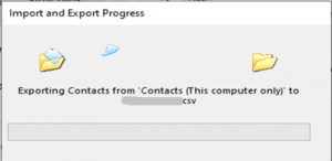 The process to export Outlook 2016 contacts to a CSV file has been started