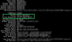 In PowerShell, you can run the ESEUTIL tool with the ‘mh’ switch and it will show the state of the server along with other details.
