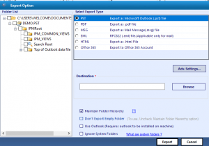Select the target type for the PST file.