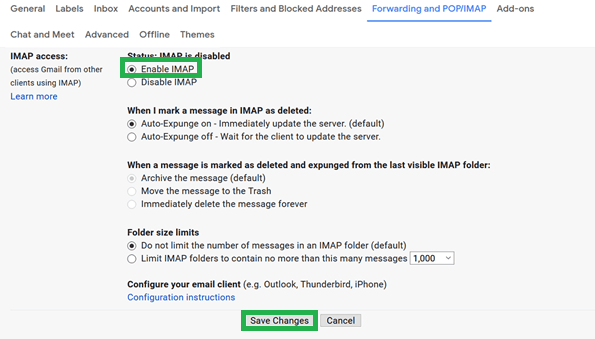 Choose Enable IMAP in the IMAP access section.