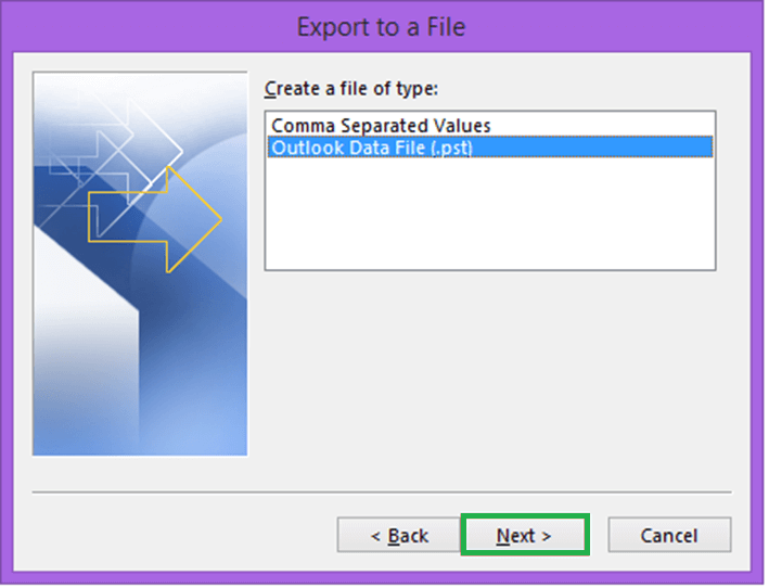 Select Outlook Data File (.pst) from Export to a File window 