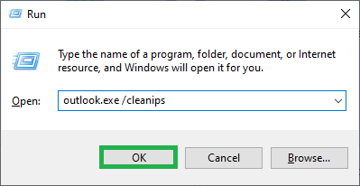 Type Outlook.exe/cleanips and press Enter key