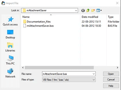 Select the saved mAttachmentSaver.bas file