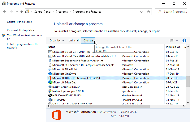 Select Microsoft Office program and click on Change