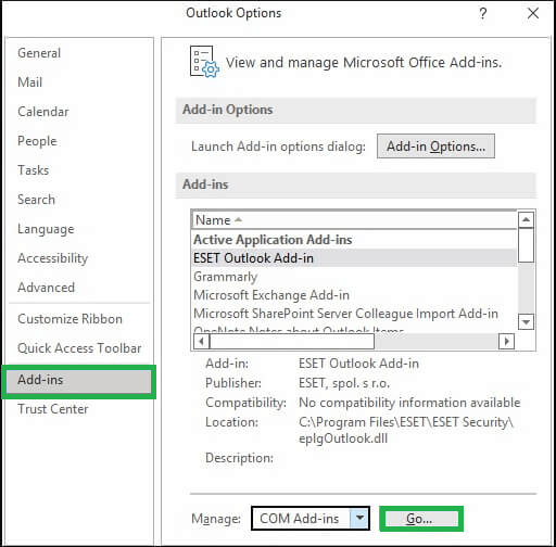 Select COM Add-ins in the Manage box