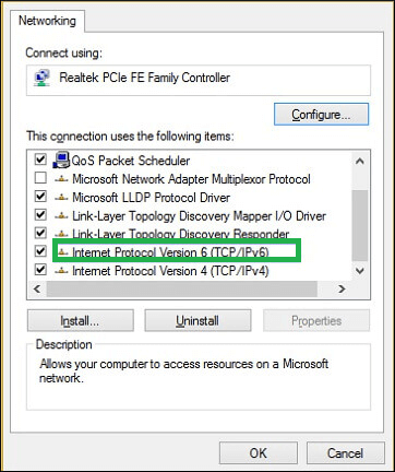 Check whether Internet Protocol Version 6 is checked