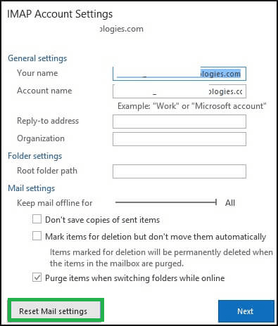 Check your mailbox settings and click on Reset mail settings
