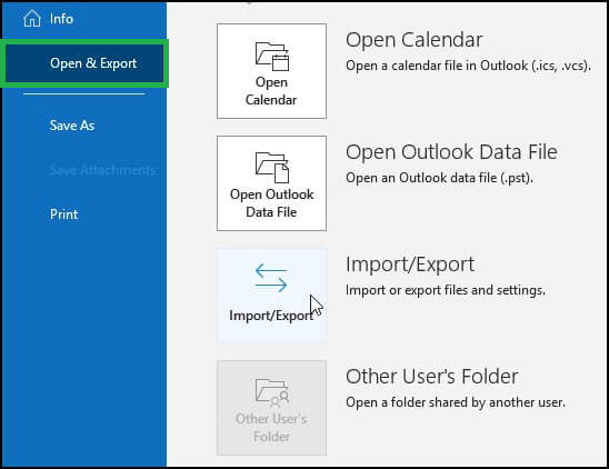 Click Open & Export and Import/Export