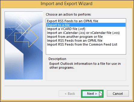 Select Export to a file & then click Next
