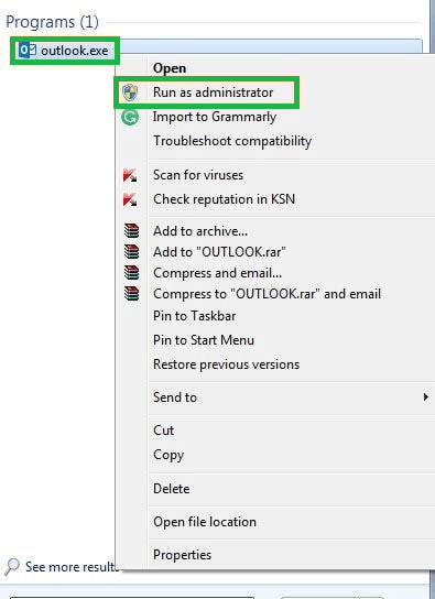 MS Outlook appears in the sear results