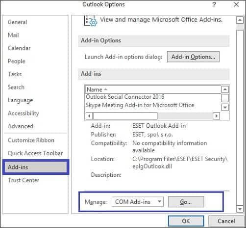 Select COM Add-ins from the right pane