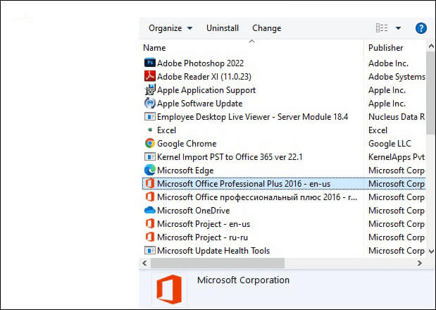 Under the Programs and Features box, select Microsoft Office entry