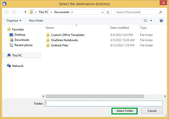 Select the destination where you wish to export the folder.