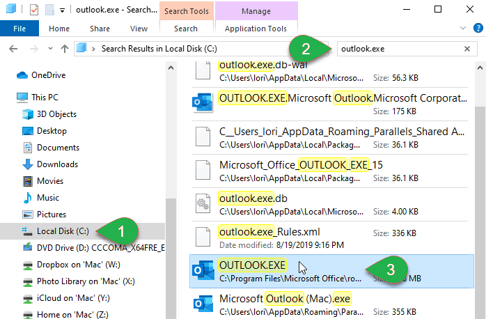 Search for OUTLOOK.EXE in the search list