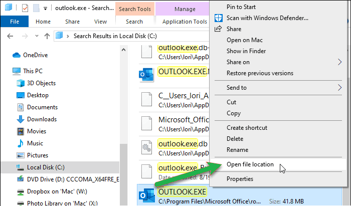 Right-click the OUTLOOK.EXE file in the results list and select Open File Location