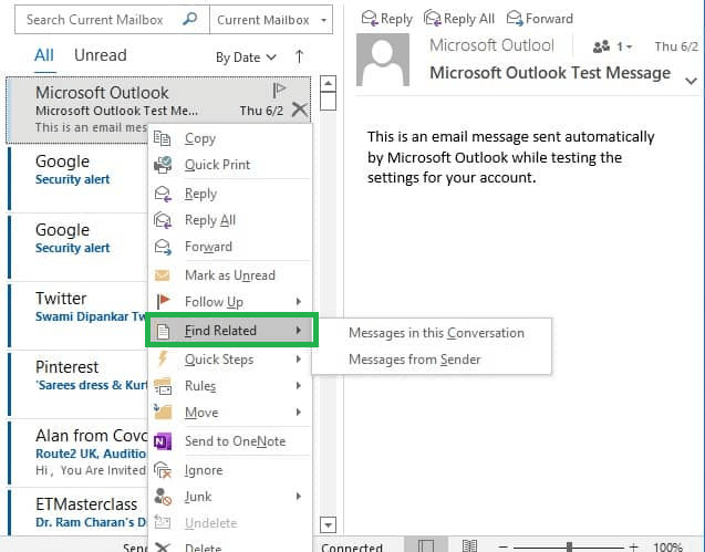 Right-click on the email and select Find Related