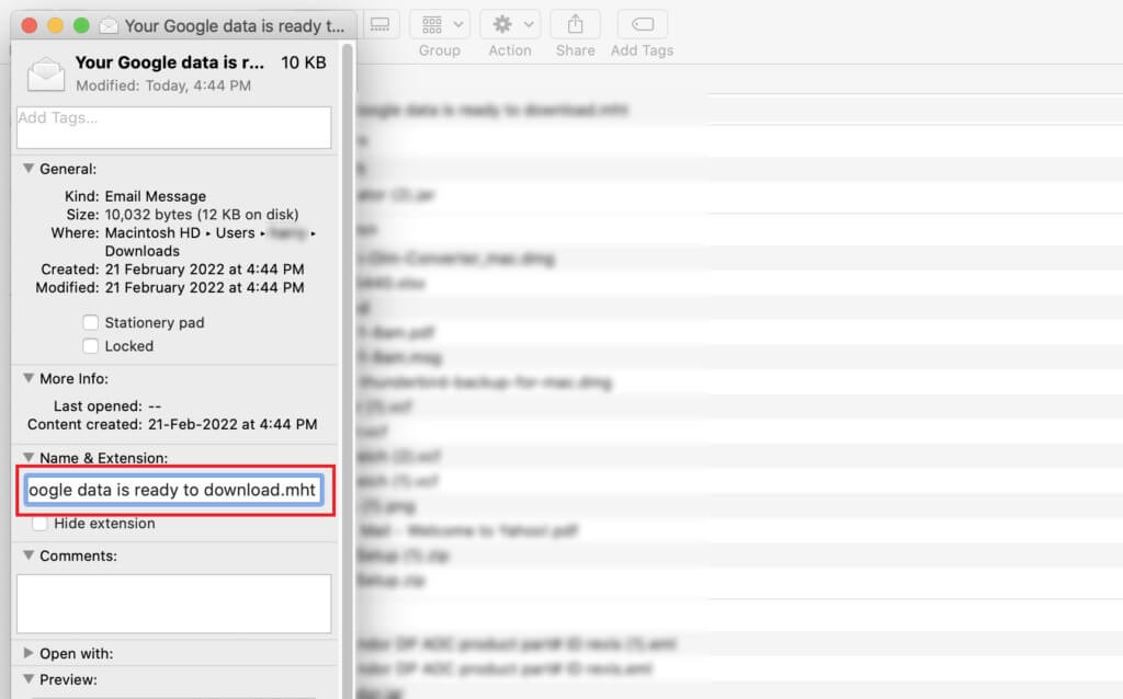 Go to the Name & Extension field, and change the extension from .eml to .mht