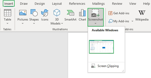Select the Inset tab and click on the Screenshot option