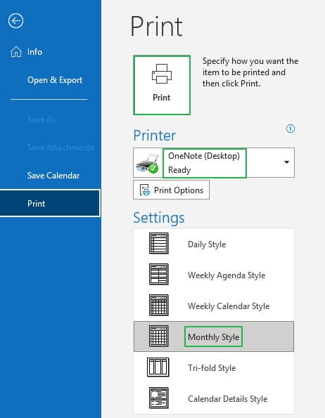 Under the Printer option, select ‘Send to OneNote’