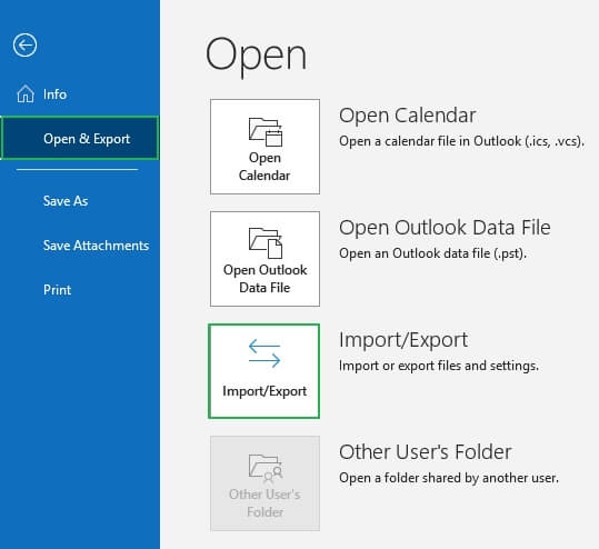 Move to the Open & Export option and select Import/Export