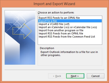 Select ‘Export to a file’ and click on Next