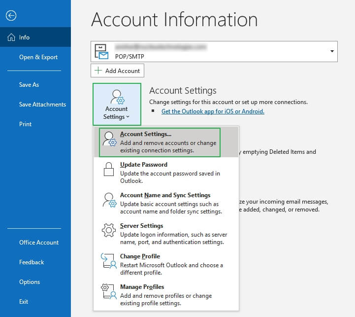 Launch MS Outlook. Go to File and click on Account Settings