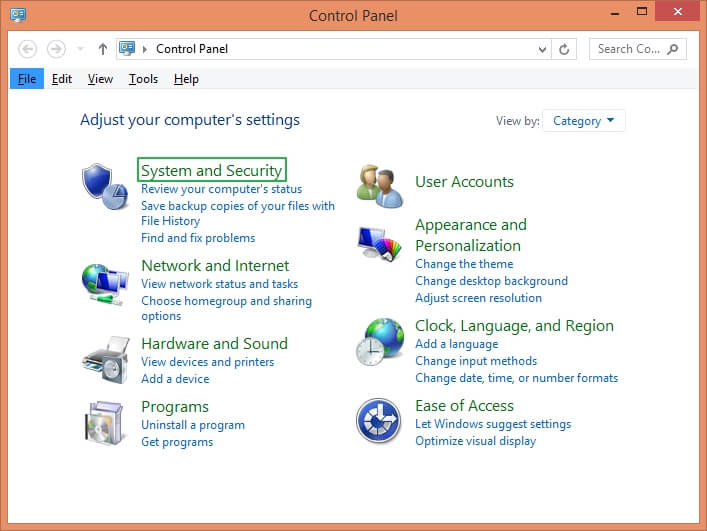 Go to the System and Security option