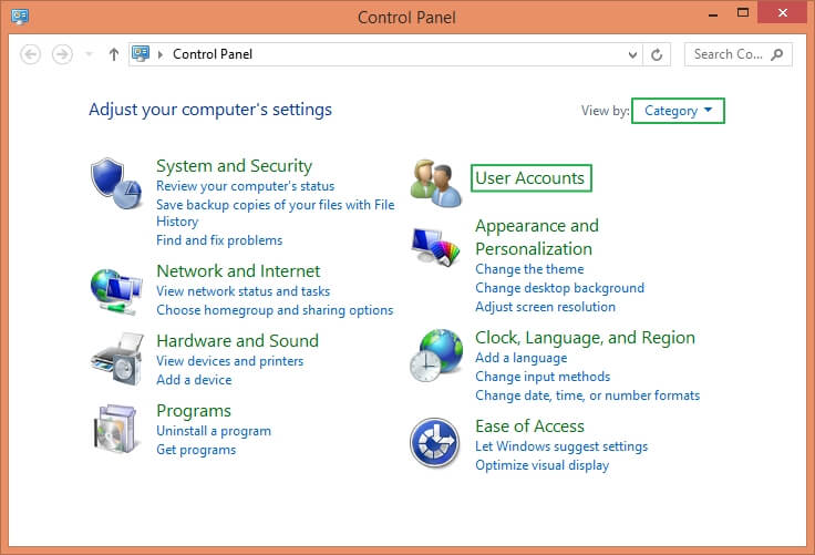 Select Category and click on User Accounts