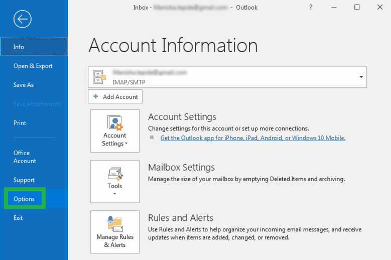Launch MS Outlook. Click on File and then go to Options