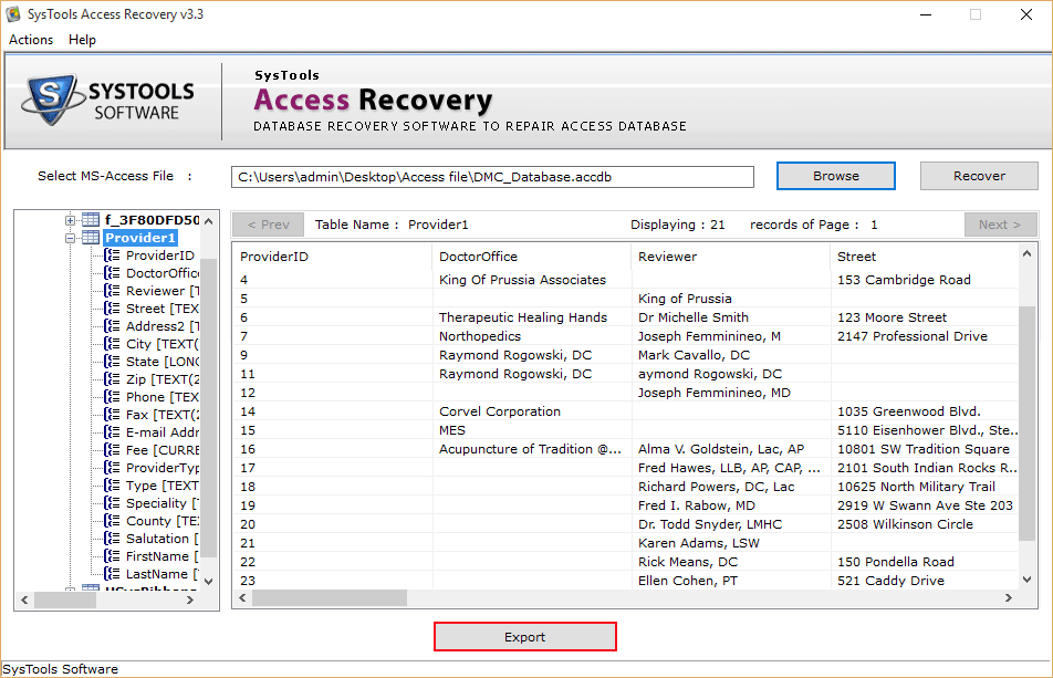 select to export database